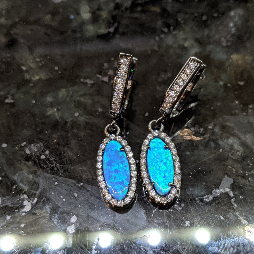 Fiery Blue Opal Earrings in Gunmetal Settings